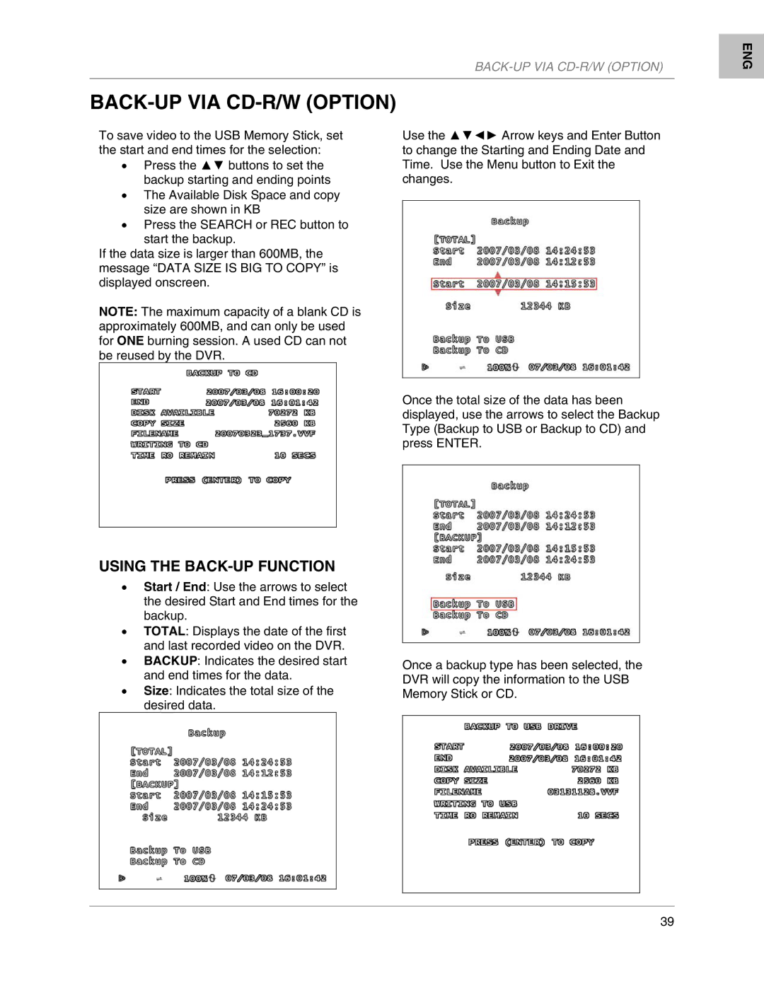 LOREX Technology L204, L208 instruction manual BACK-UP VIA CD-R/W Option, Using the BACK-UP Function 