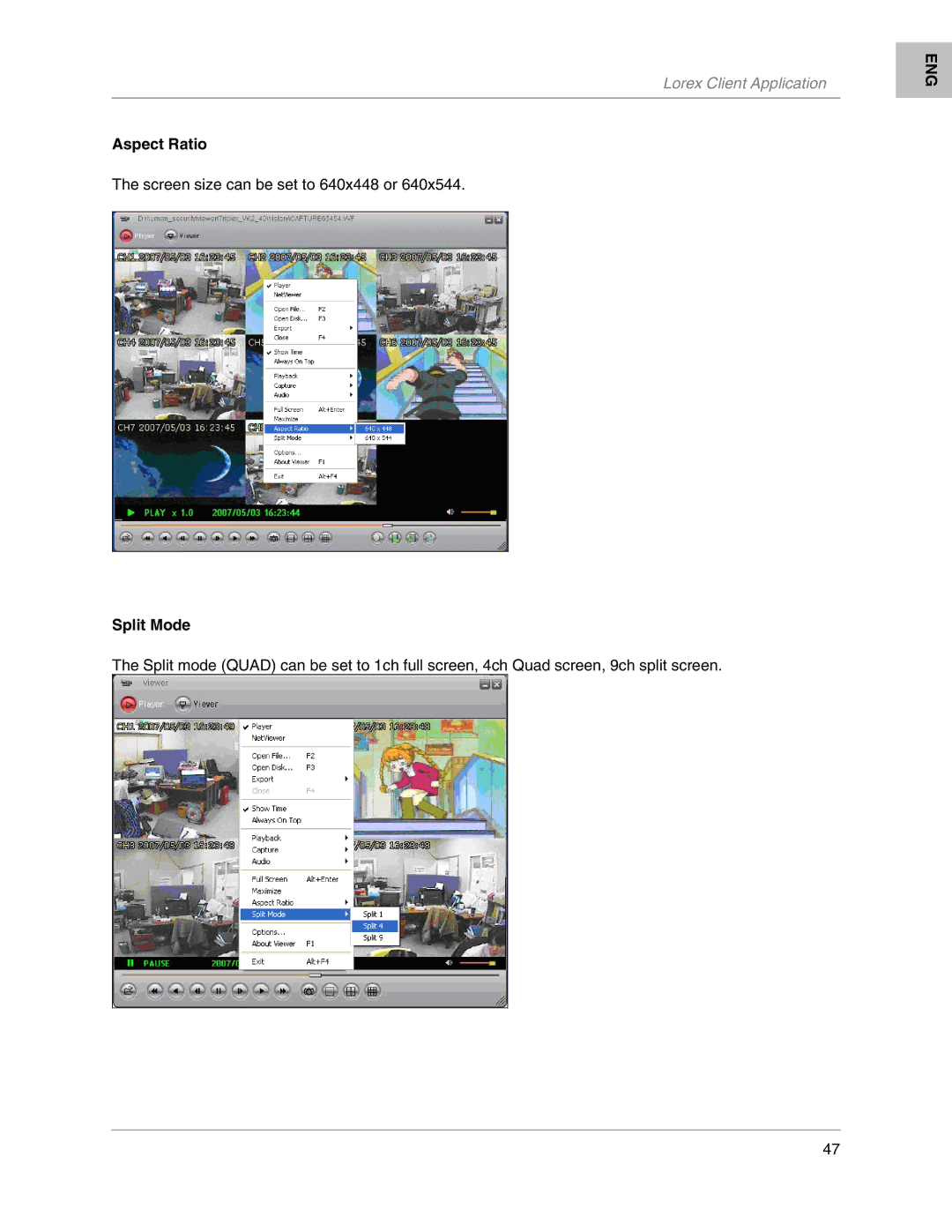 LOREX Technology L204, L208 instruction manual Aspect Ratio, Split Mode 