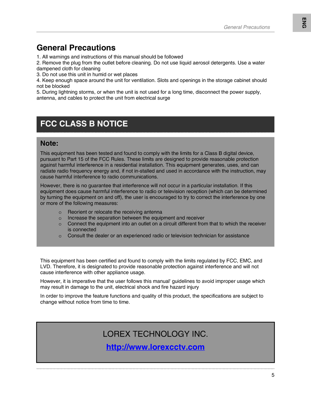 LOREX Technology L204, L208 instruction manual General Precautions, FCC Class B Notice 