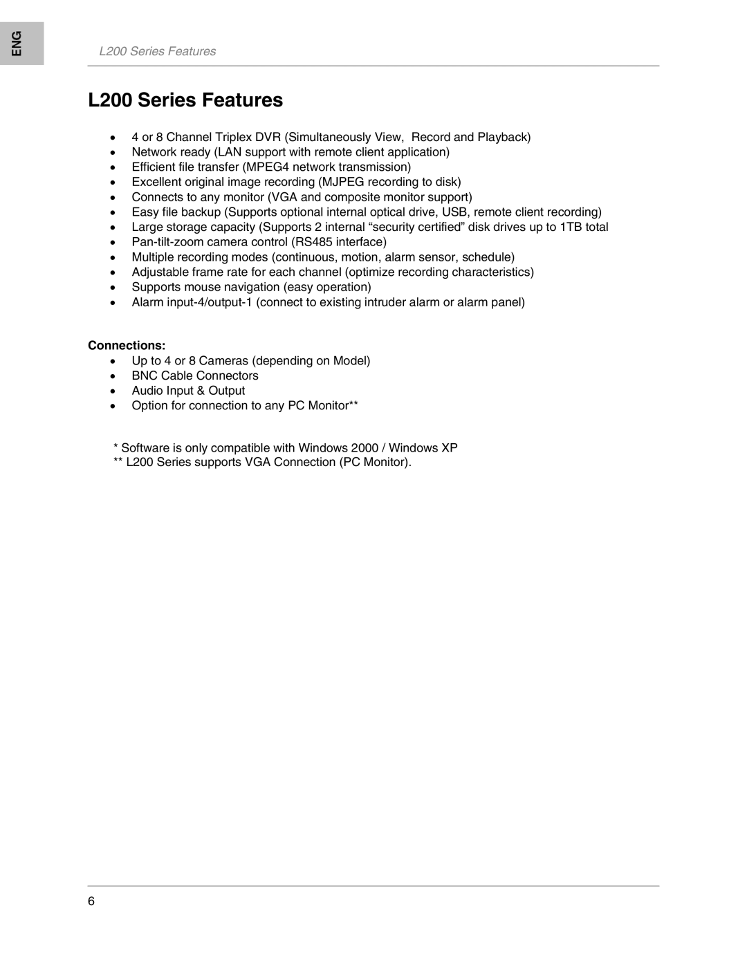 LOREX Technology L208, L204 instruction manual L200 Series Features, Connections 