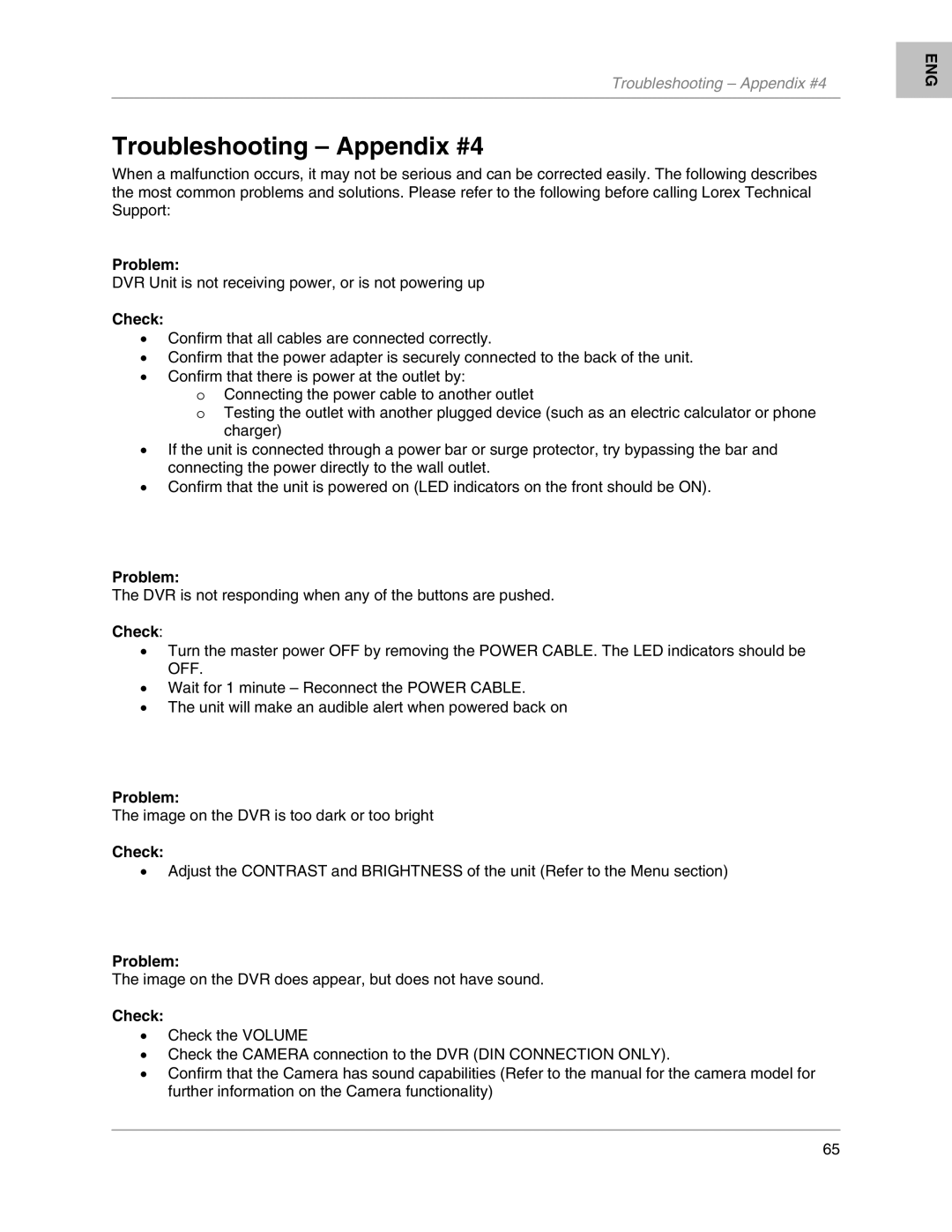 LOREX Technology L204, L208 instruction manual Troubleshooting Appendix #4, Problem, Check 