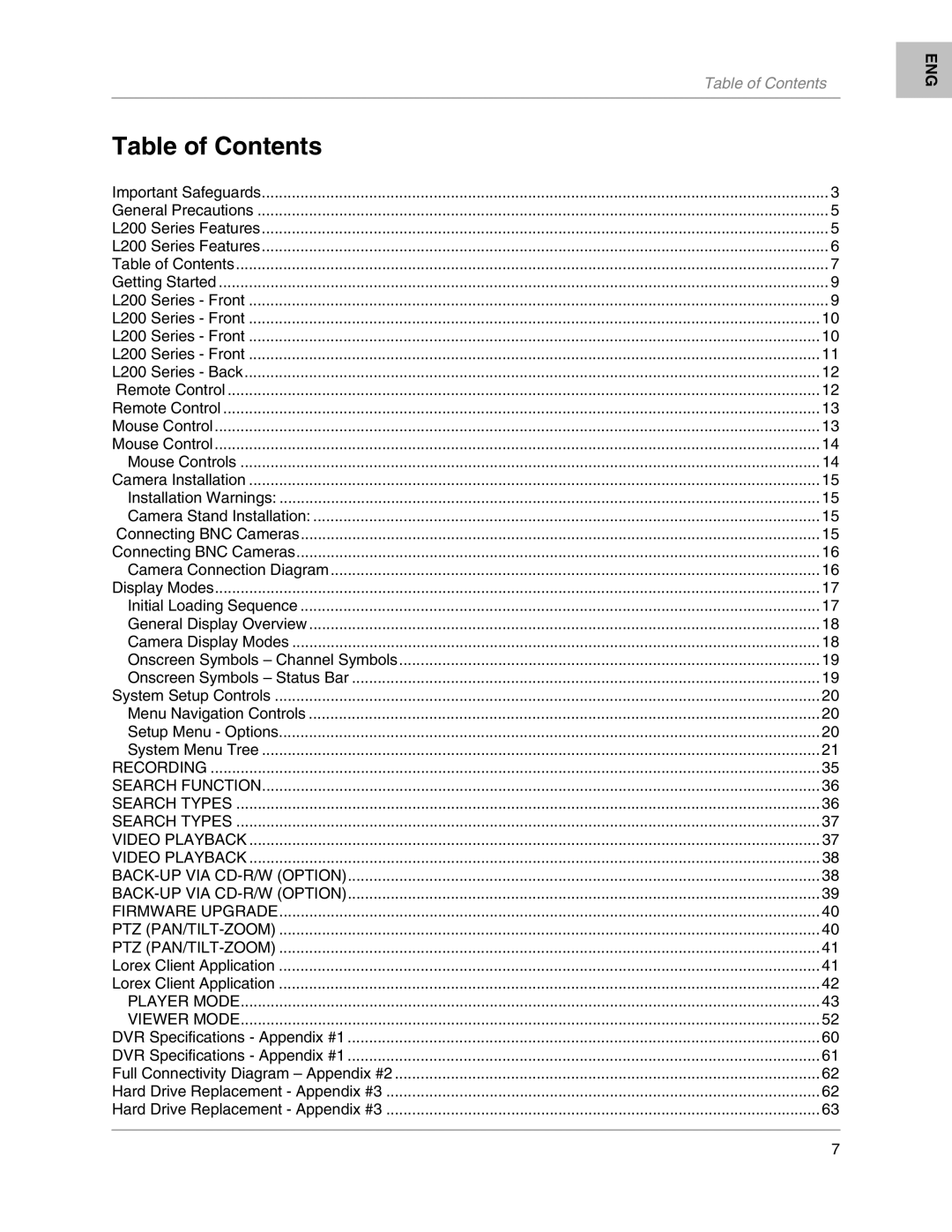 LOREX Technology L204, L208 instruction manual Table of Contents 