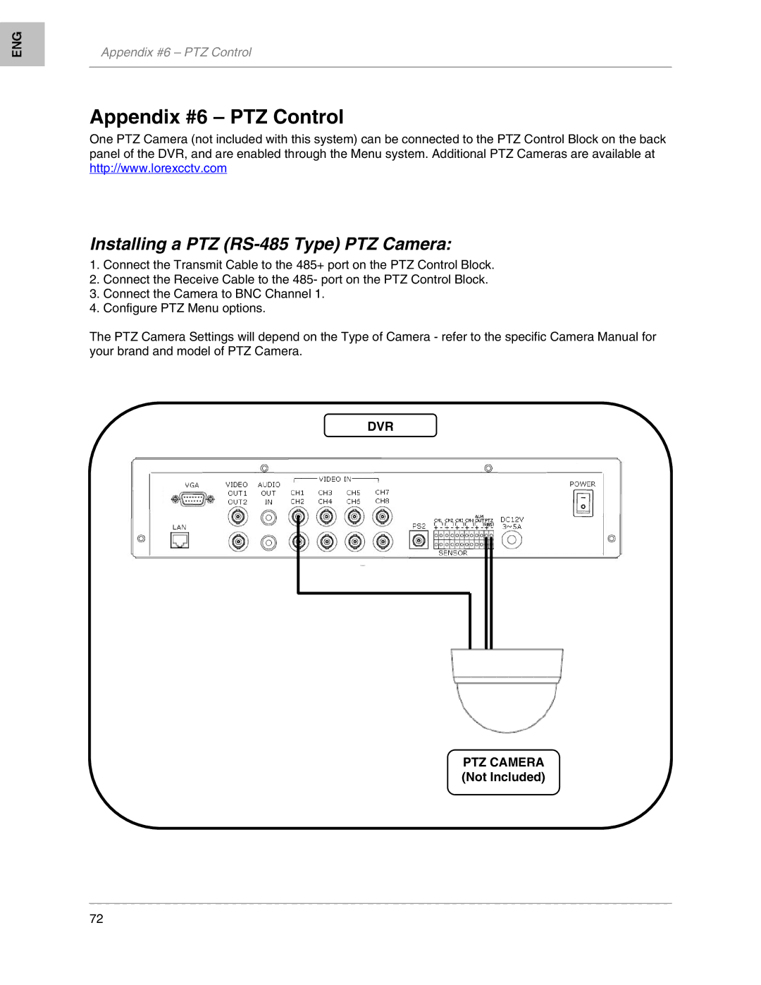 LOREX Technology L208, L204 Appendix #6 PTZ Control, Installing a PTZ RS-485 Type PTZ Camera, Dvr, PTZ Camera Not Included 