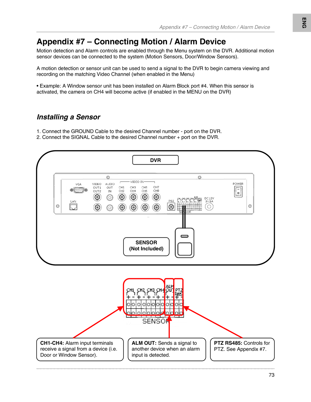 LOREX Technology L204, L208 Appendix #7 Connecting Motion / Alarm Device, Installing a Sensor, DVR Sensor, Not Included 