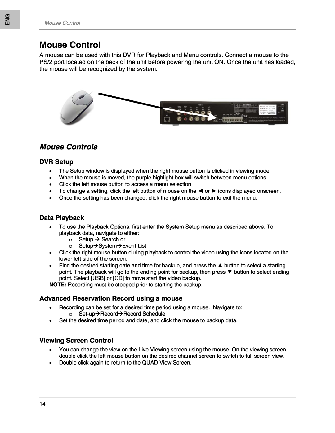 LOREX Technology L208, L204 Mouse Controls, DVR Setup, Data Playback, Advanced Reservation Record using a mouse 