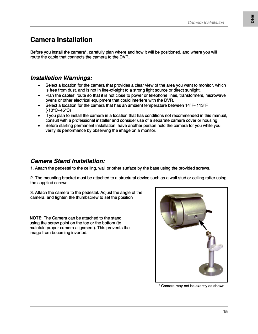 LOREX Technology L204, L208 instruction manual Camera Installation, Installation Warnings, Camera Stand Installation 