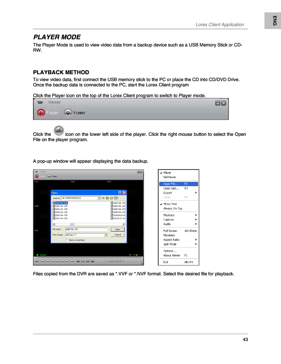 LOREX Technology L204, L208 instruction manual Player Mode, Playback Method, Lorex Client Application 