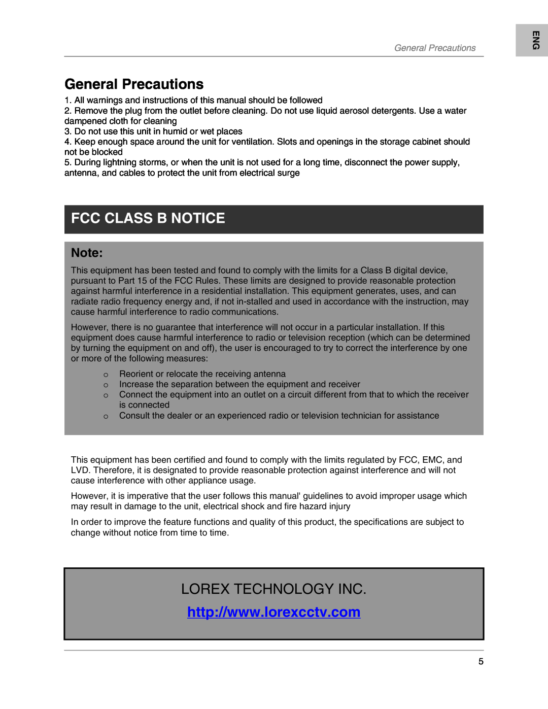 LOREX Technology L204, L208 instruction manual General Precautions, Fcc Class B Notice, Lorex Technology Inc 