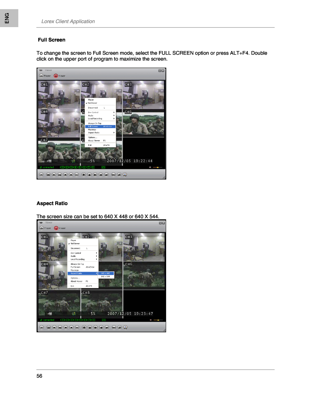 LOREX Technology L208, L204 instruction manual Lorex Client Application, Full Screen, Aspect Ratio 