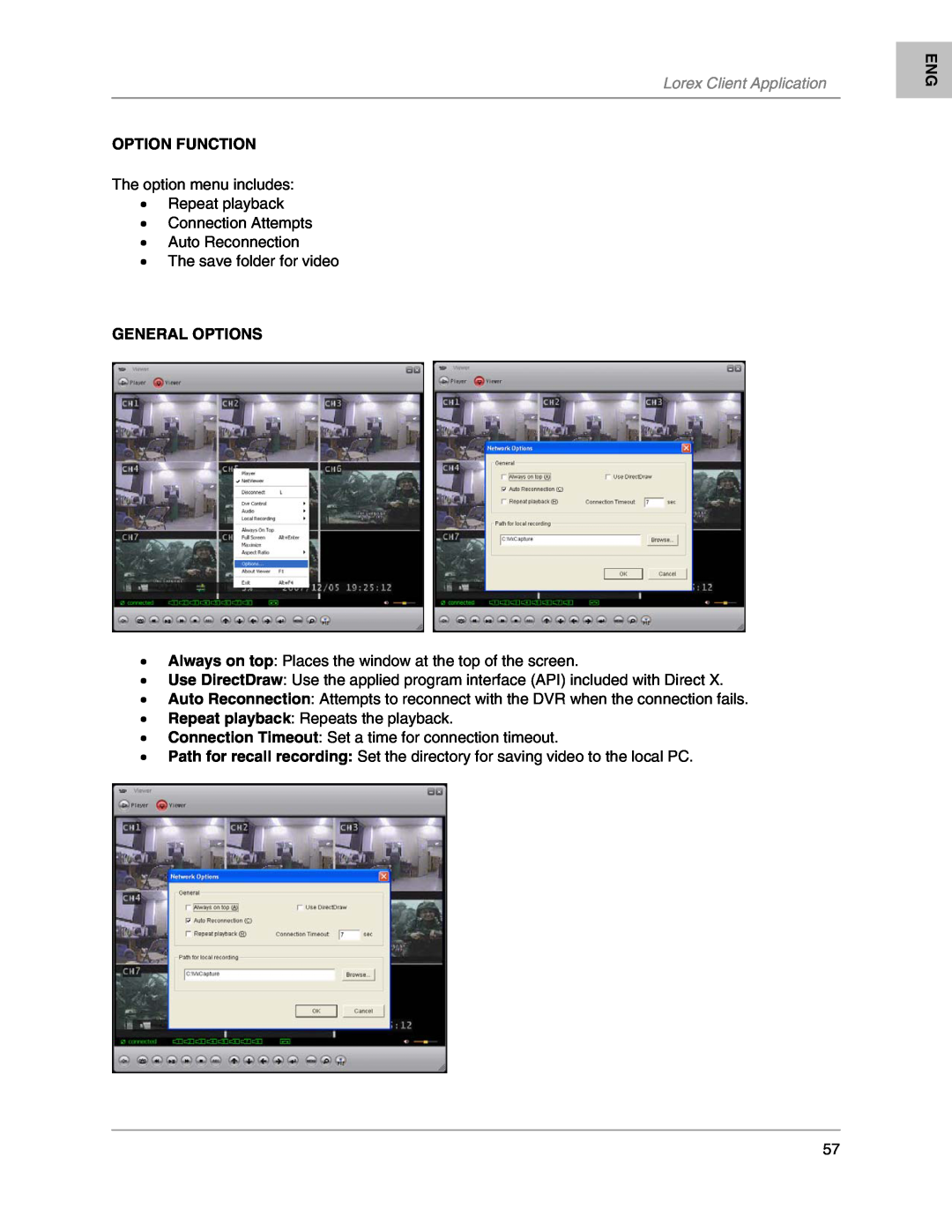 LOREX Technology L204, L208 Lorex Client Application, The option menu includes Repeat playback Connection Attempts 