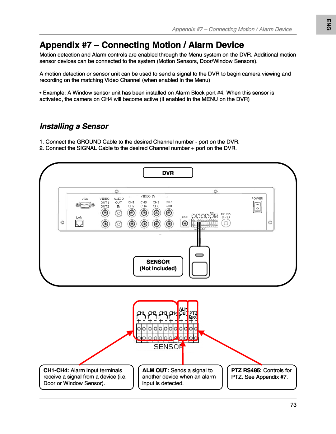 LOREX Technology L204, L208 instruction manual Appendix #7 - Connecting Motion / Alarm Device, Installing a Sensor 