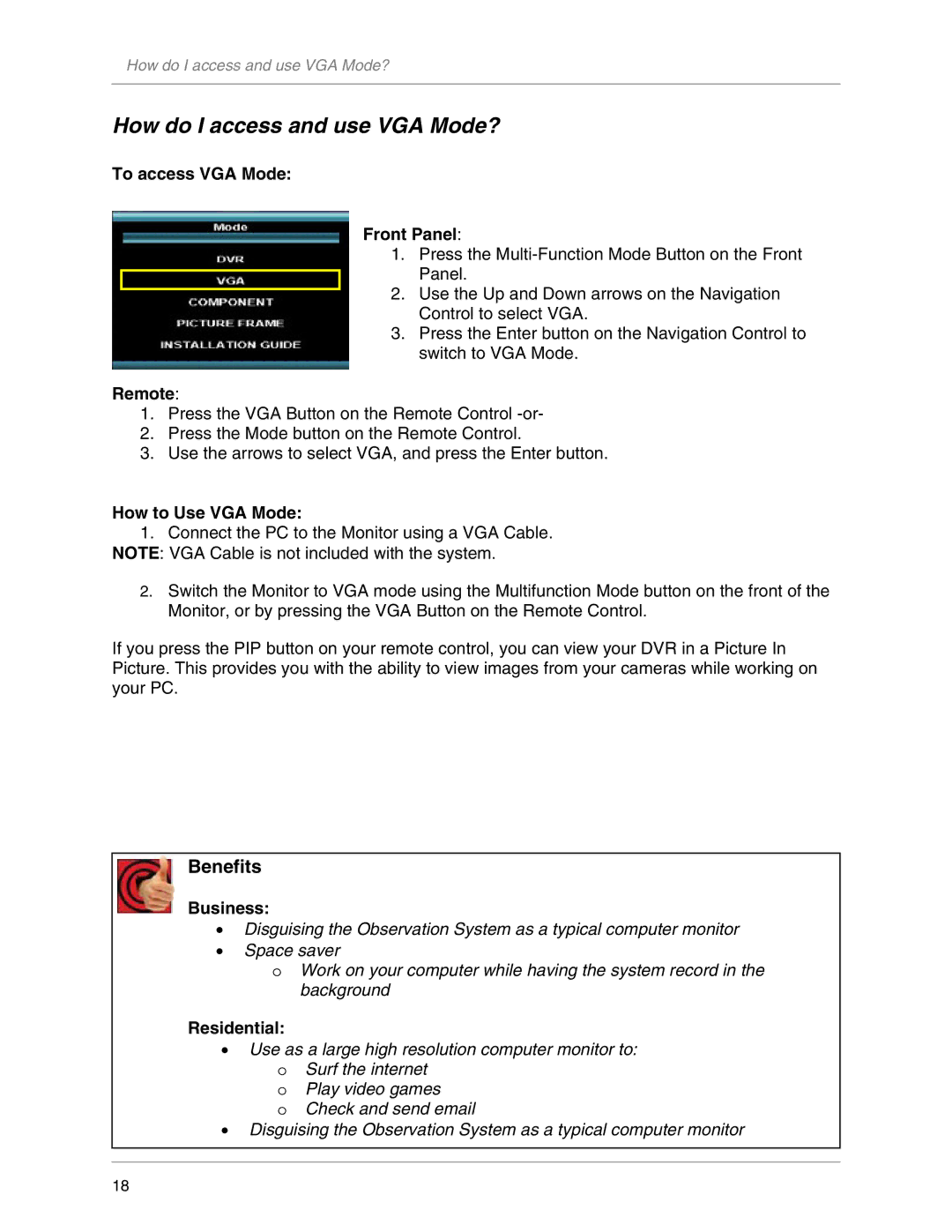 LOREX Technology L20WD800 manual How do I access and use VGA Mode?, To access VGA Mode Front Panel, How to Use VGA Mode 