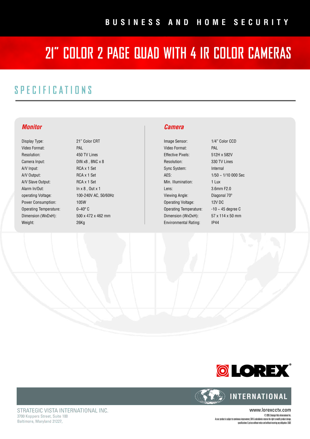 LOREX Technology L21Q784P manual Specification S, Monitor, Camera, Pal, Aes 