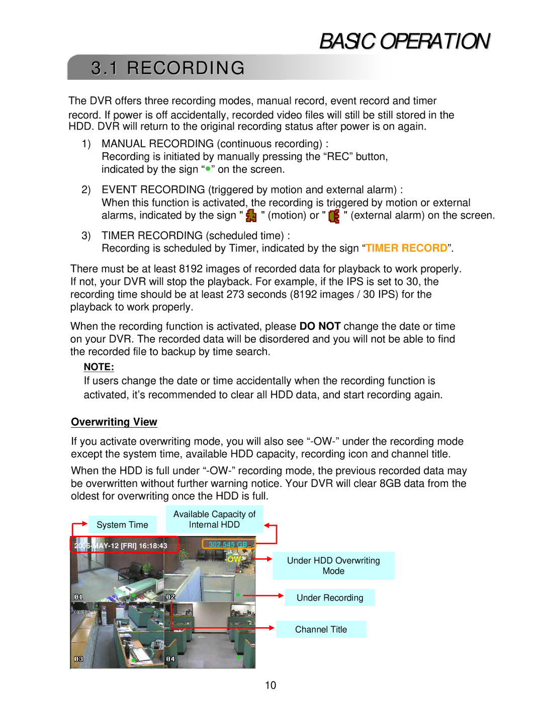 LOREX Technology L224 Series instruction manual Basic Operation, Recording, Overwriting View 