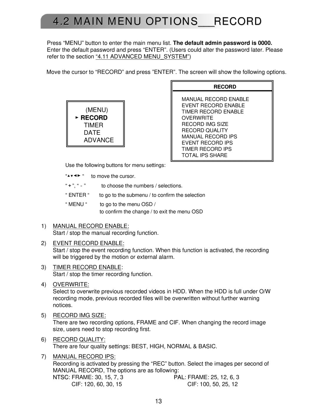 LOREX Technology L224 Series instruction manual Main Menu Optionsrecord, Menu Record Timer Date Advance 