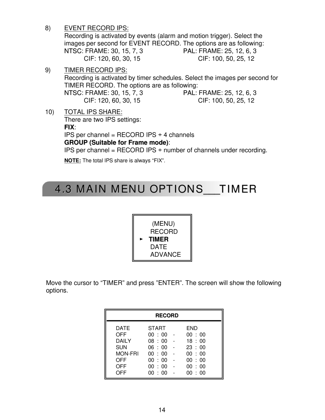 LOREX Technology L224 Series instruction manual Main Menu Optionstimer, Event Record IPS, Timer Record IPS 