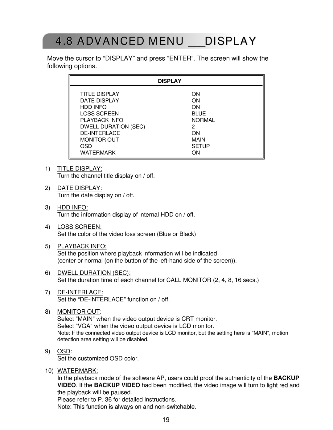 LOREX Technology L224 Series instruction manual Advanced Menu Display 