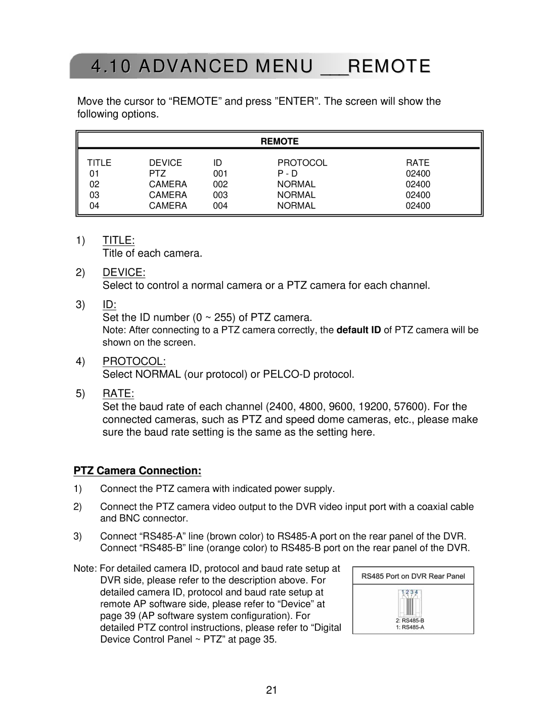 LOREX Technology L224 Series instruction manual Advanced Menu Remote, Device, Protocol, PTZ Camera Connection 