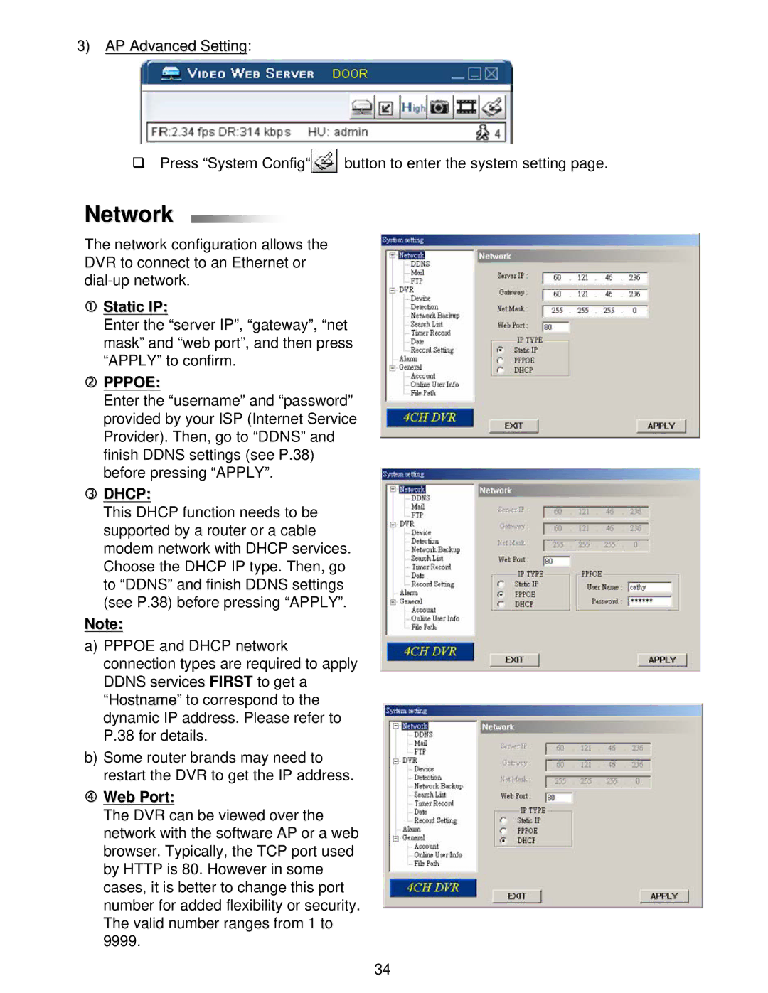 LOREX Technology L224 Series instruction manual Network, Static IP, Pppoe, Dhcp, Web Port 