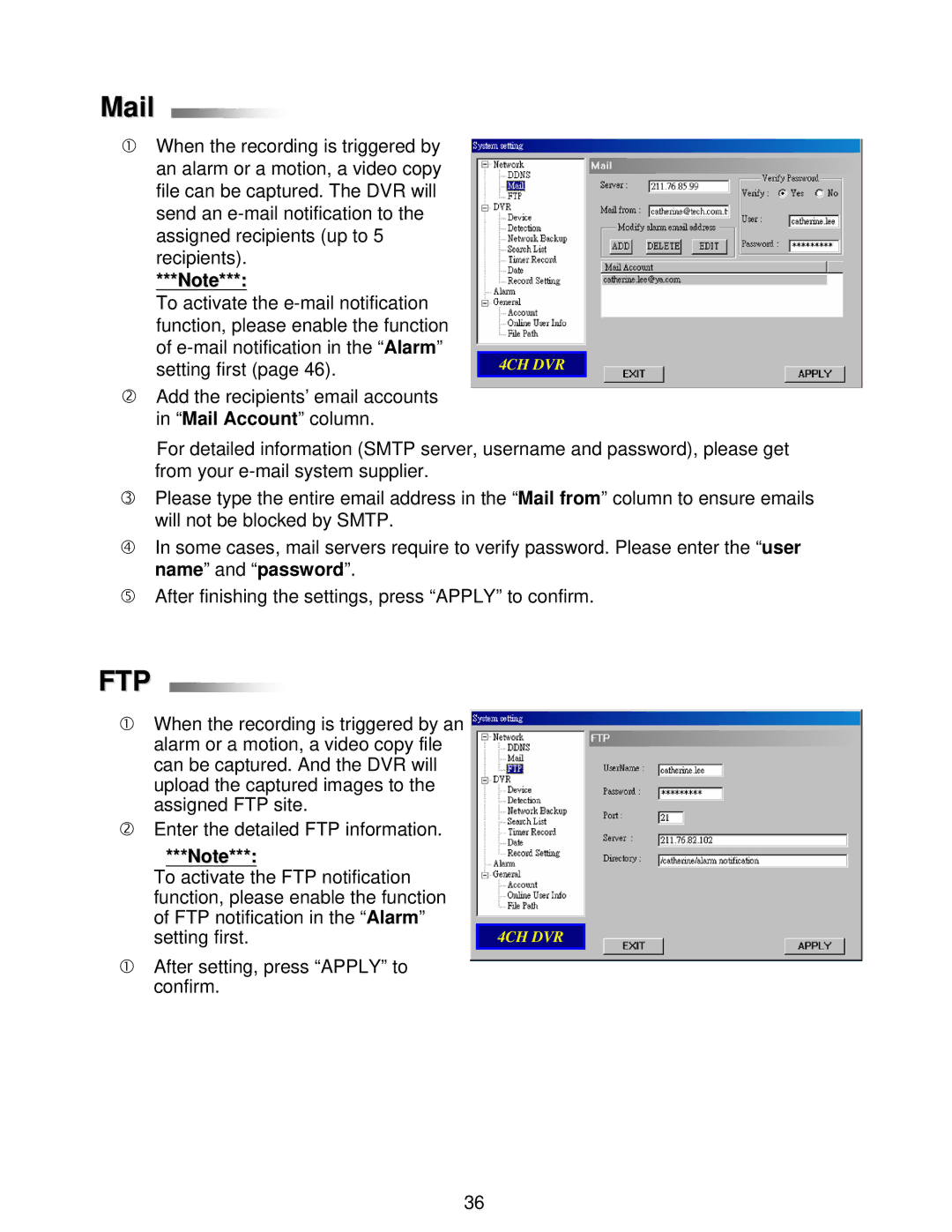 LOREX Technology L224 Series instruction manual Mail, Ftp 