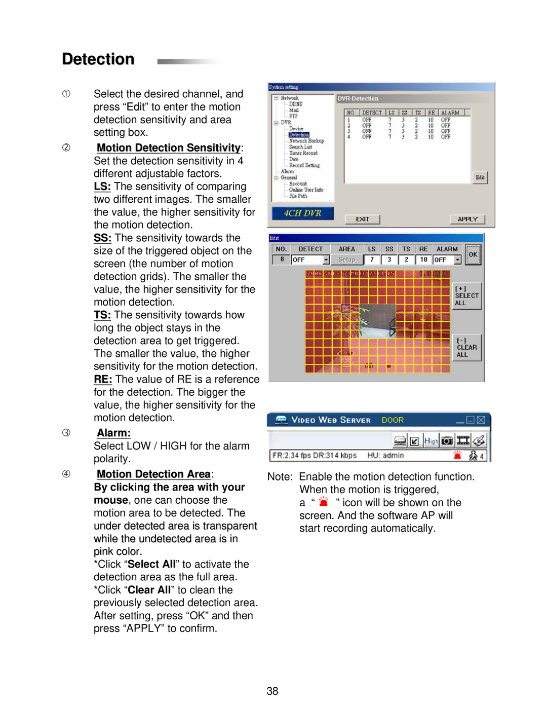 LOREX Technology L224 Series instruction manual Alarm, Motion Detection Area By clicking the area with your 