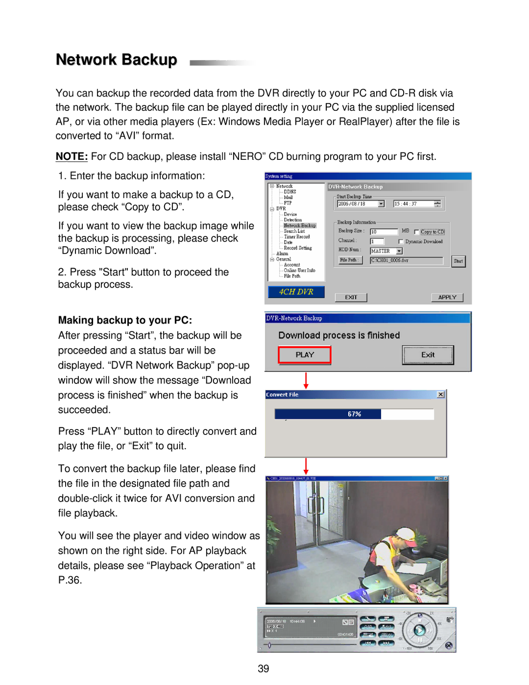 LOREX Technology L224 Series instruction manual Network Backup, Making backup to your PC 