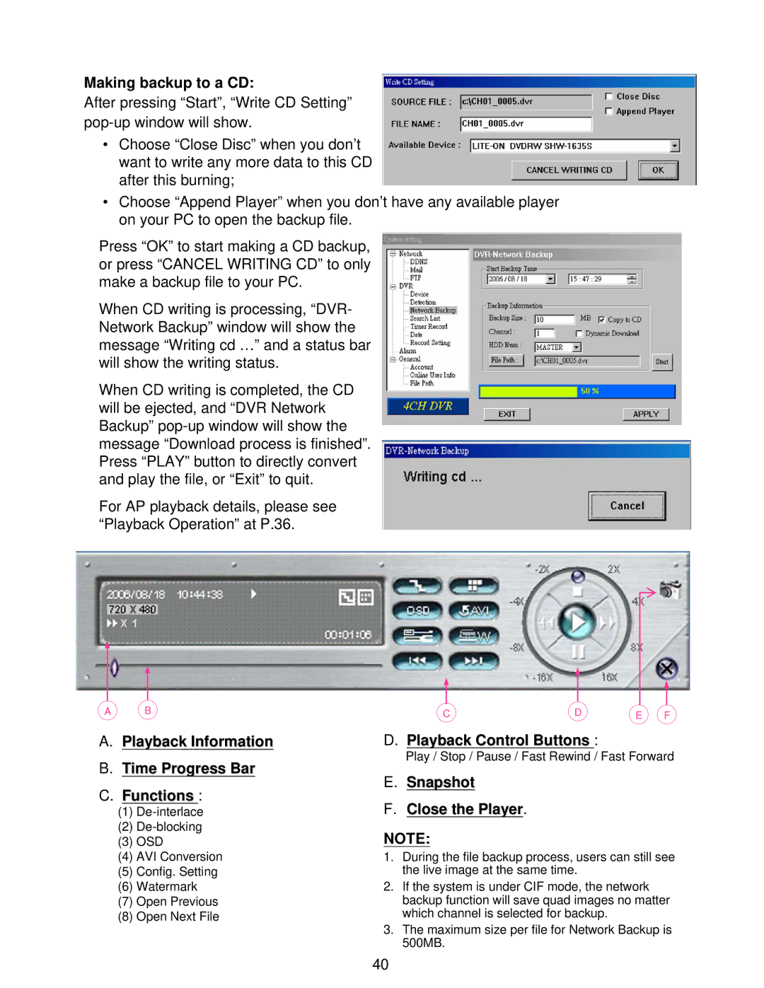 LOREX Technology L224 Series instruction manual Making backup to a CD, Playback Information Time Progress Bar Functions 