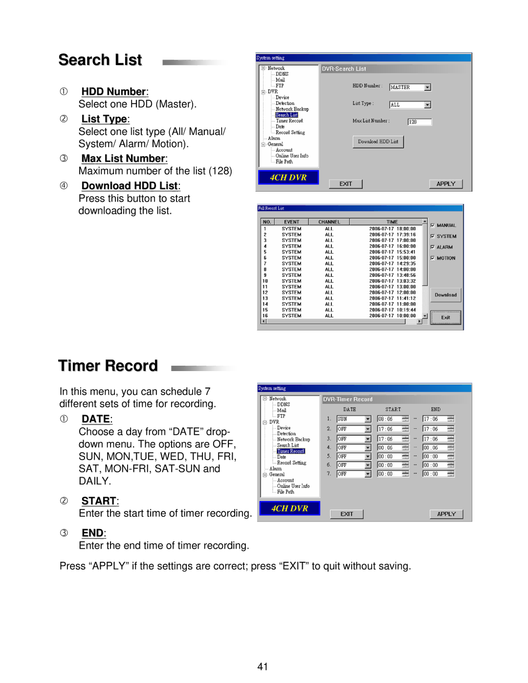 LOREX Technology L224 Series instruction manual Search List, Timer Record 