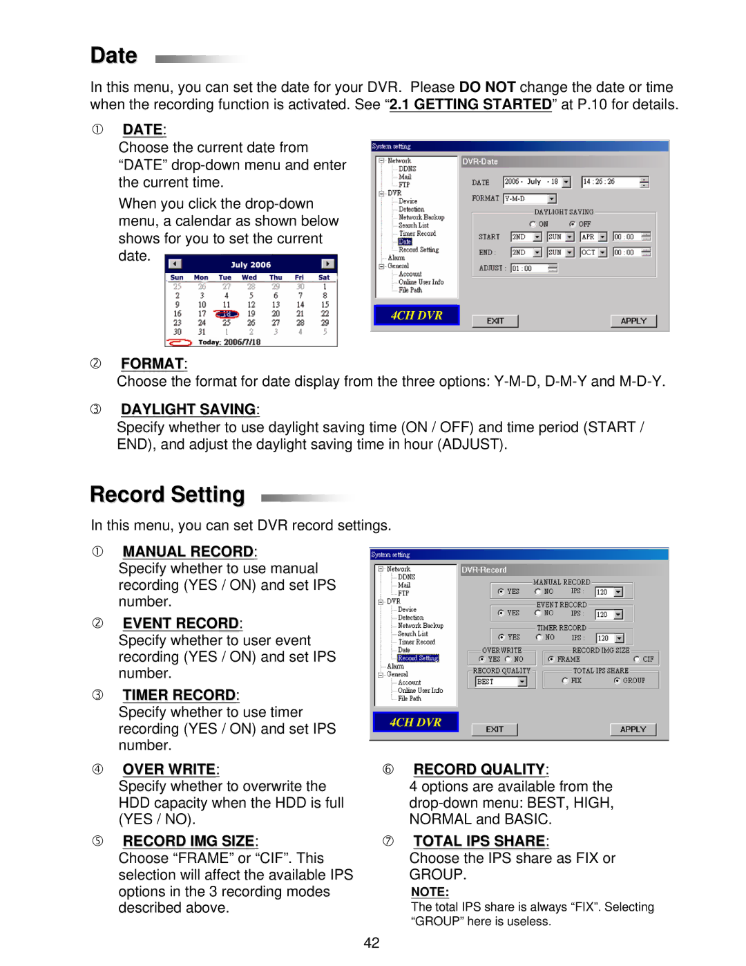 LOREX Technology L224 Series instruction manual Date, Record Setting 