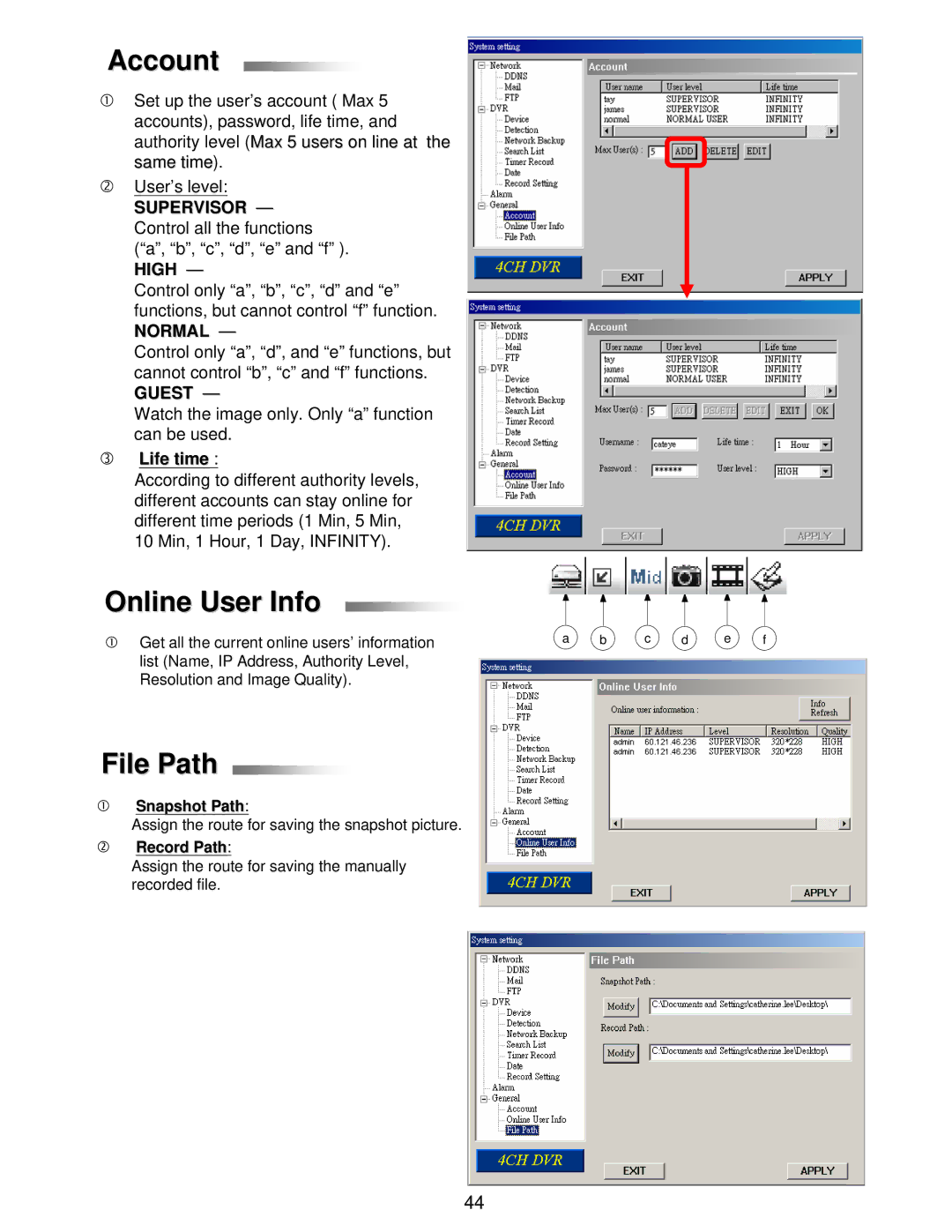 LOREX Technology L224 Series instruction manual Account, Online User Info, File Path, Snapshot Path, Record Path 