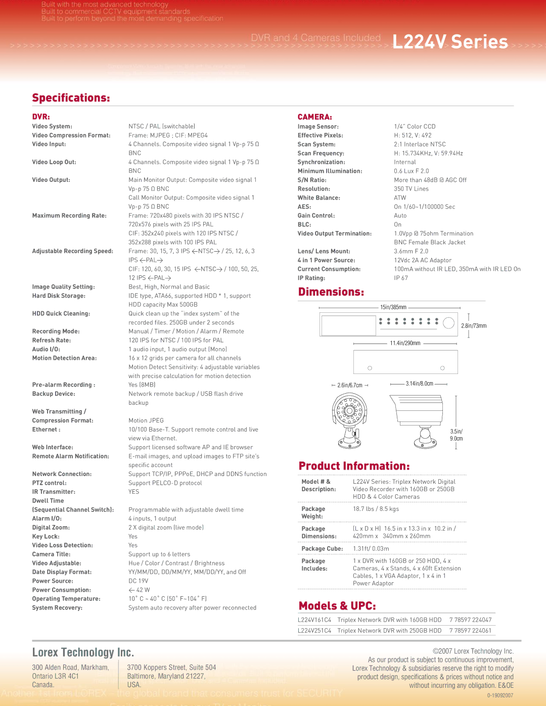 LOREX Technology L224V Series manual Specifications, Dimensions, Product Information, Models & UPC, Camera 