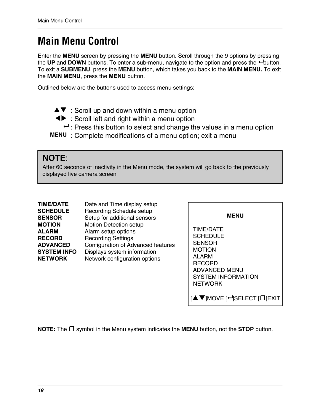 LOREX Technology L284161 instruction manual Main Menu Control 