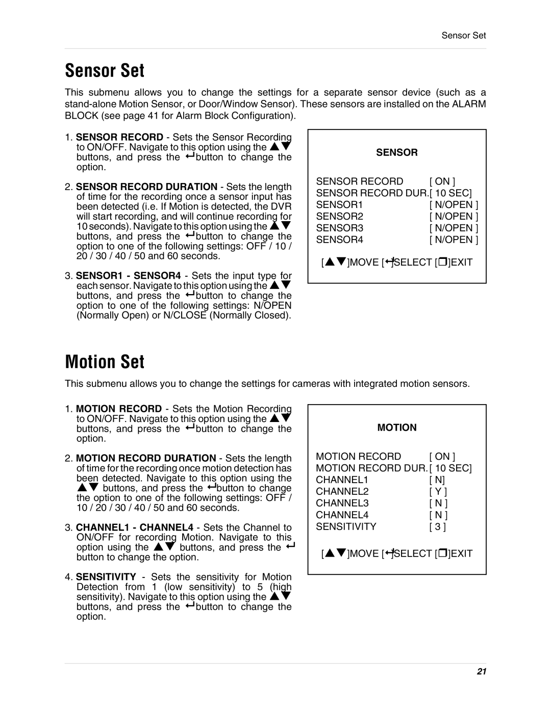 LOREX Technology L284161 instruction manual Sensor Set, Motion Set 