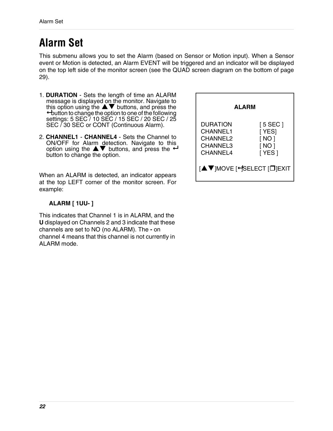 LOREX Technology L284161 instruction manual Alarm Set, Alarm 1UU 