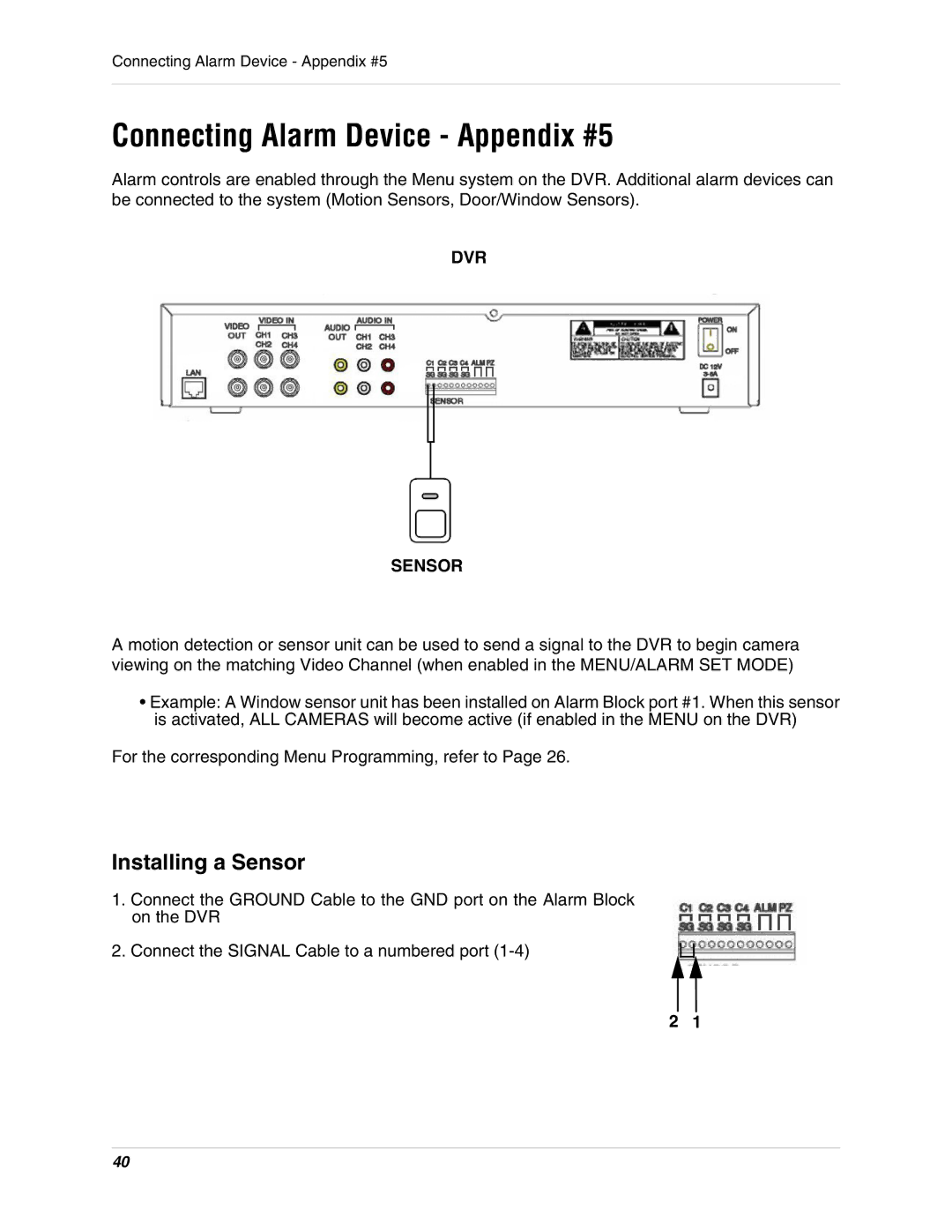 LOREX Technology L284161 instruction manual Connecting Alarm Device Appendix #5, DVR Sensor 