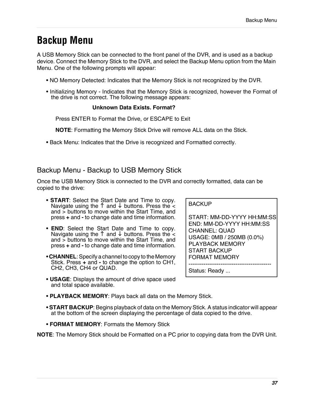 LOREX Technology L3104 instruction manual Backup Menu Backup to USB Memory Stick, Unknown Data Exists. Format? 