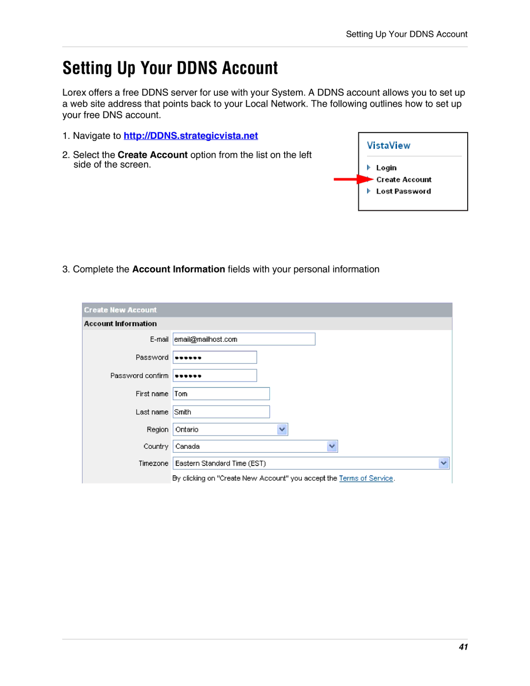 LOREX Technology L3104 instruction manual Setting Up Your Ddns Account, Navigate to http//DDNS.strategicvista.net 