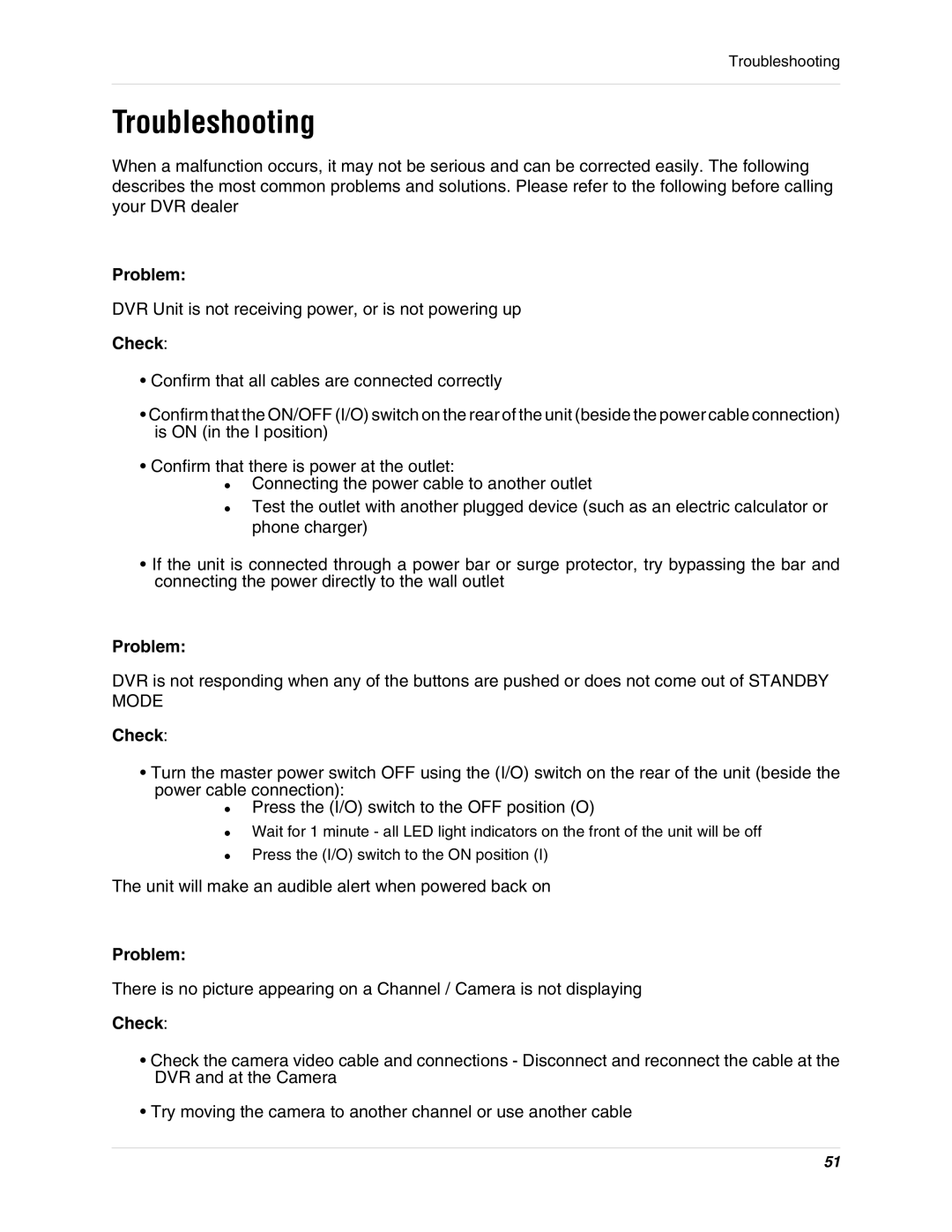 LOREX Technology L3104 instruction manual Troubleshooting, Problem, Check 