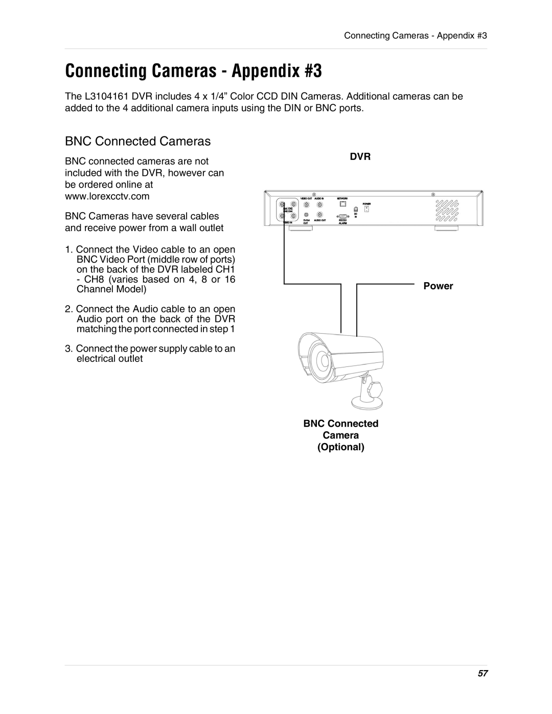 LOREX Technology L3104 Connecting Cameras Appendix #3, BNC Connected Cameras, Power BNC Connected Camera Optional 