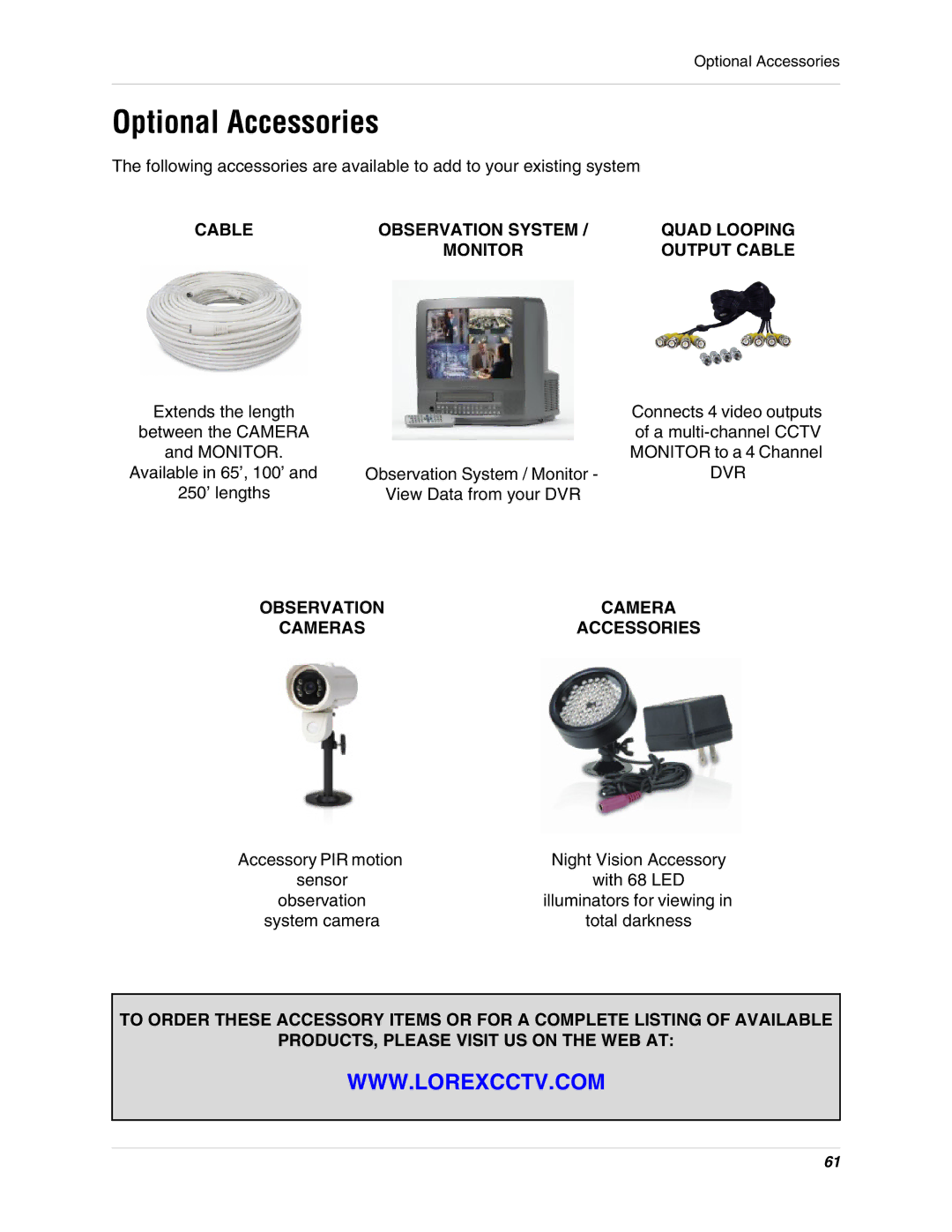 LOREX Technology L3104 instruction manual Optional Accessories, Cable 