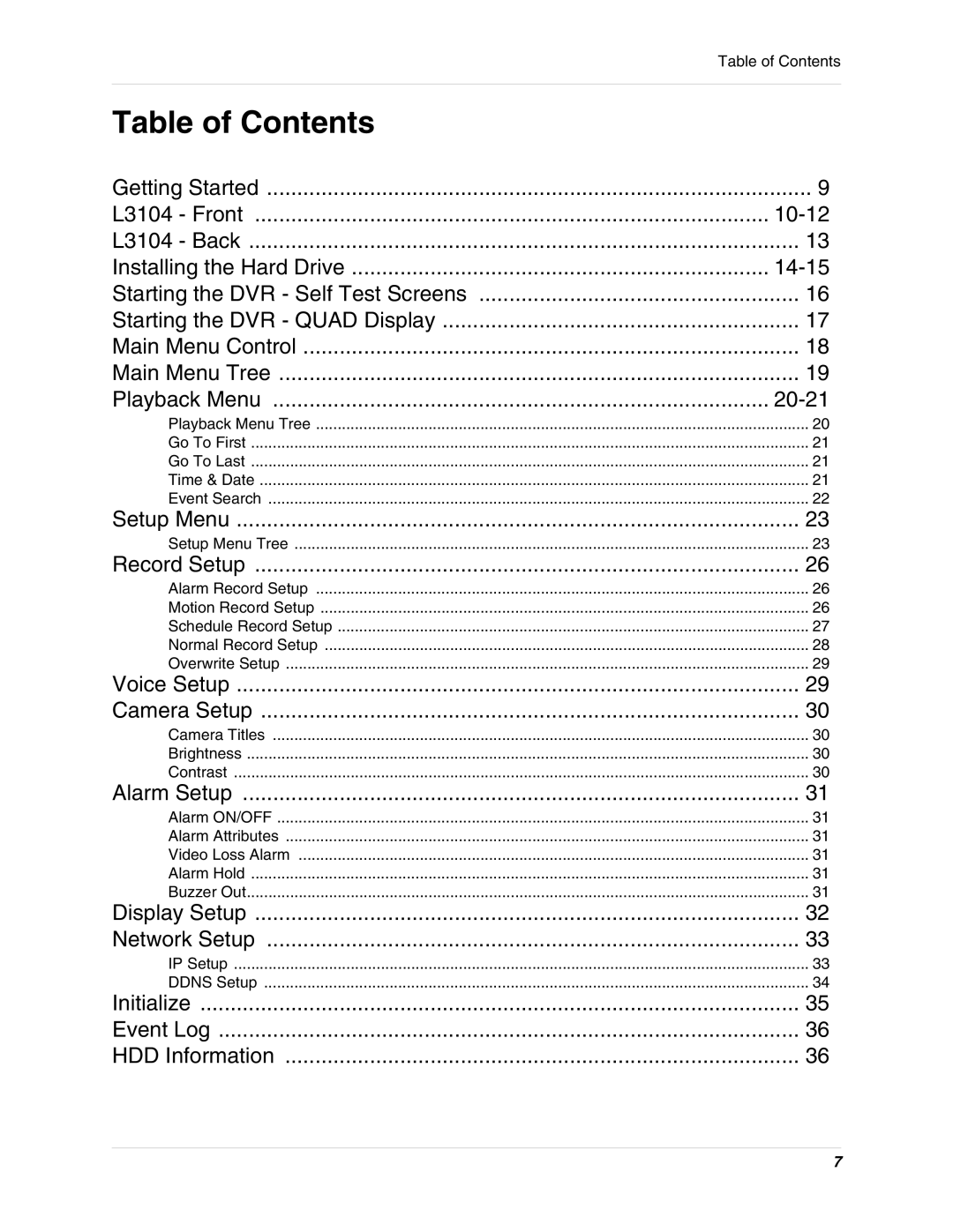 LOREX Technology L3104 instruction manual Table of Contents 