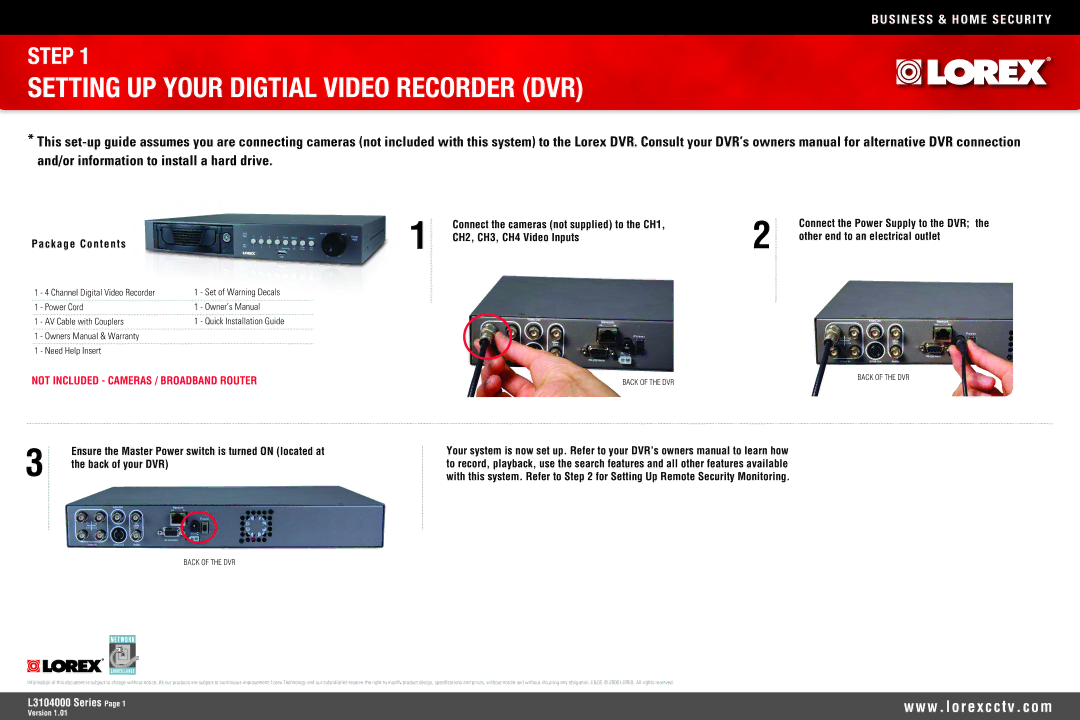 LOREX Technology L3104000 owner manual Setting UP Your Digtial Video Recorder DVR, Package Contents, Back of your DVR 