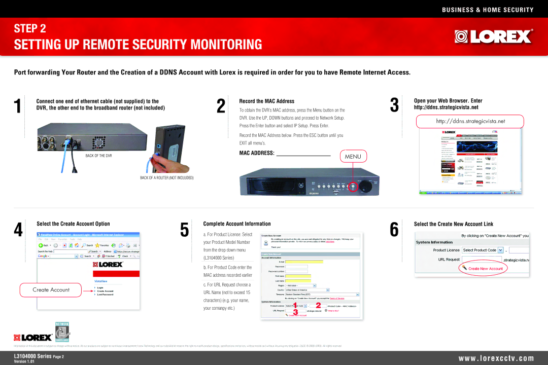 LOREX Technology L3104000 Setting UP Remote Security Monitoring, MAC Address, Select the Create New Account Link 