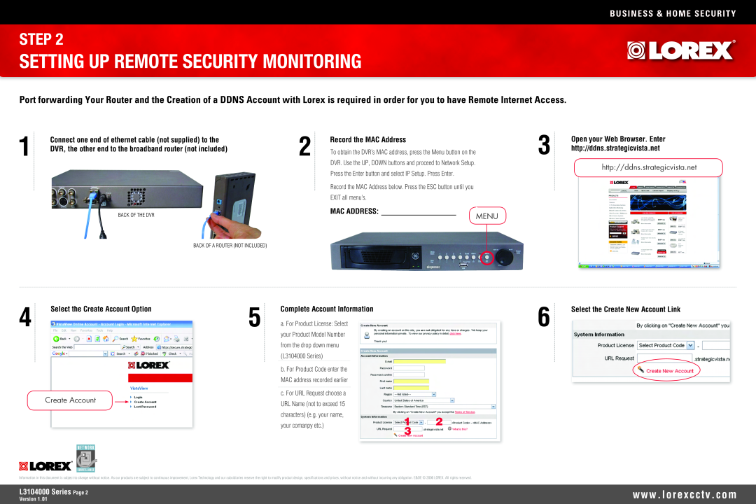 LOREX Technology L3104000 owner manual Setting Up Remote Security Monitoring, Step, w w w . l o r e x c c t v . c o m, Menu 