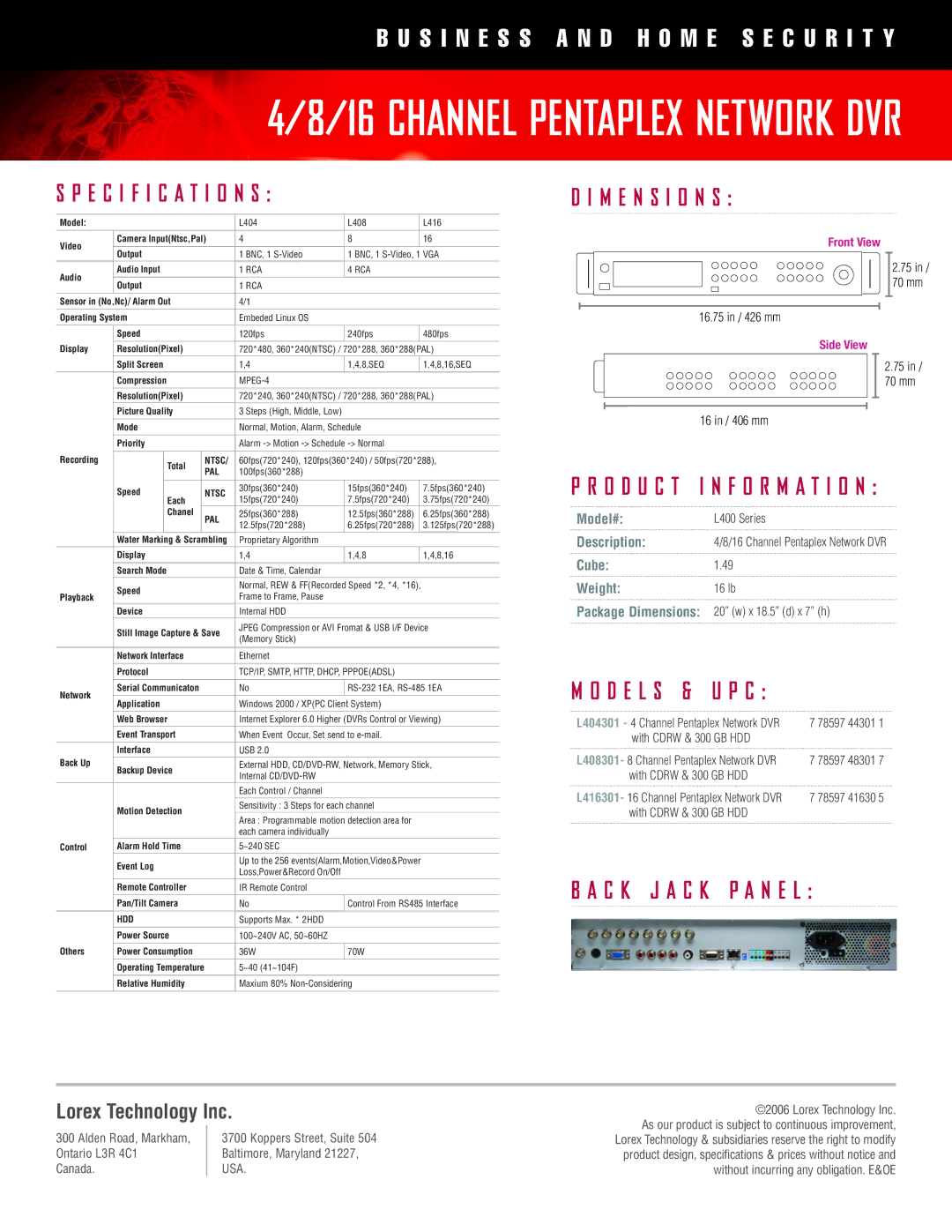 LOREX Technology L400 Series manual Specification s, M e n s i o n s, O d u c t i n f o r m a t i o n, D e l s & U P C 