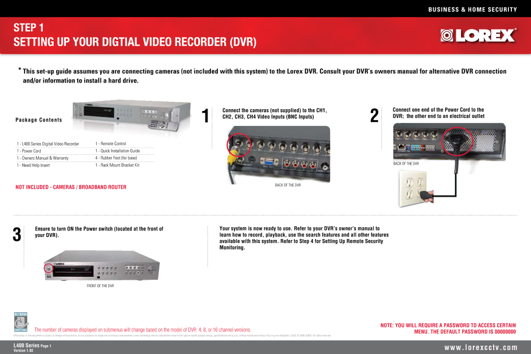 LOREX Technology L400 owner manual Setting UP Your Digtial Video Recorder DVR, Not Included Cameras / Broadband Router 