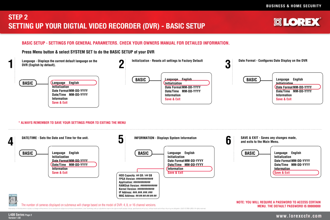 LOREX Technology L400 owner manual Setting UP Your Digtial Video Recorder DVR Basic Setup 