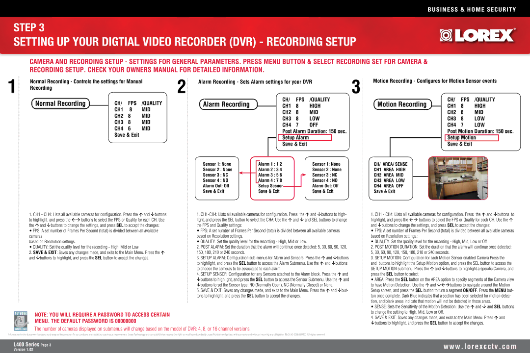 LOREX Technology L400 Setting UP Your Digtial Video Recorder DVR Recording Setup, Normal Recording, Alarm Recording 