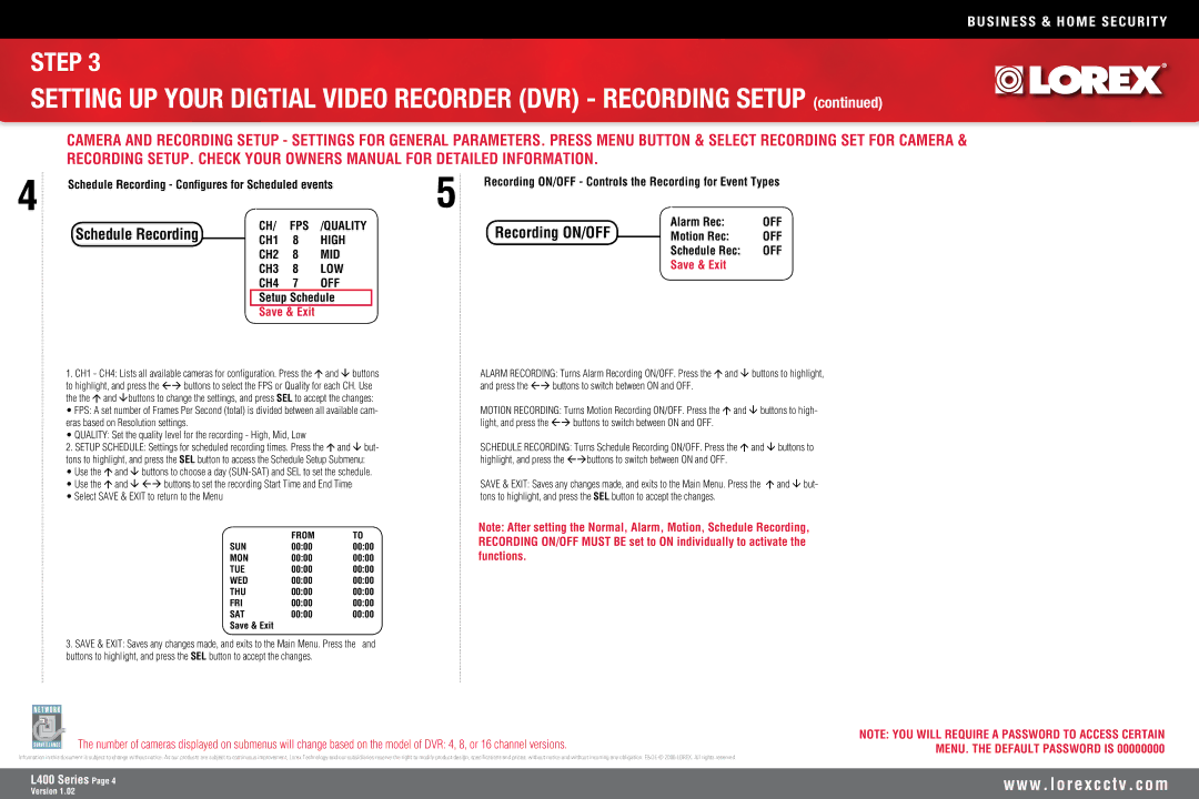 LOREX Technology L400 Setting UP Your Digtial Video Recorder DVR Recording Setup, Schedule Recording, Recording ON/OFF 