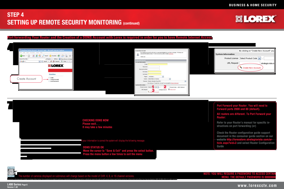 LOREX Technology L400 SETTING UP REMOTE SECURITY MONITORING continued, Select the Create Account Option, Ddns Status Ok 